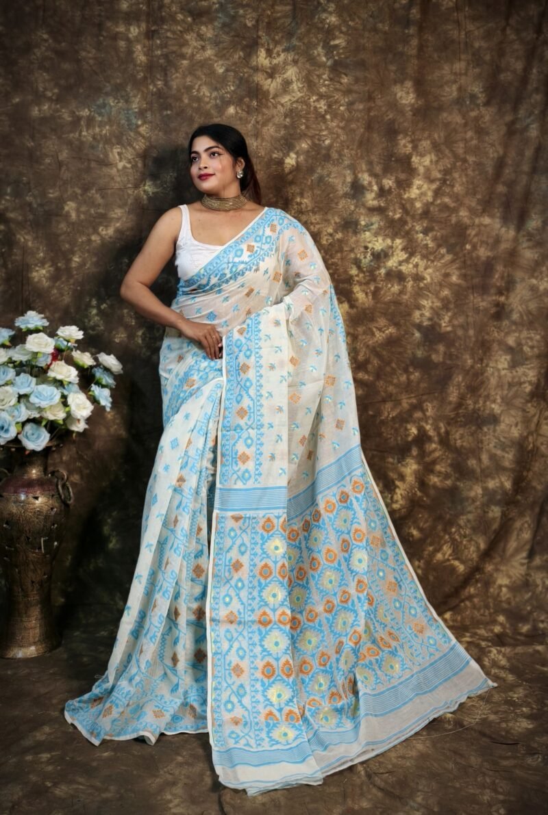 Shubhashini Allover Cream Blue Soft Jamdani Saree