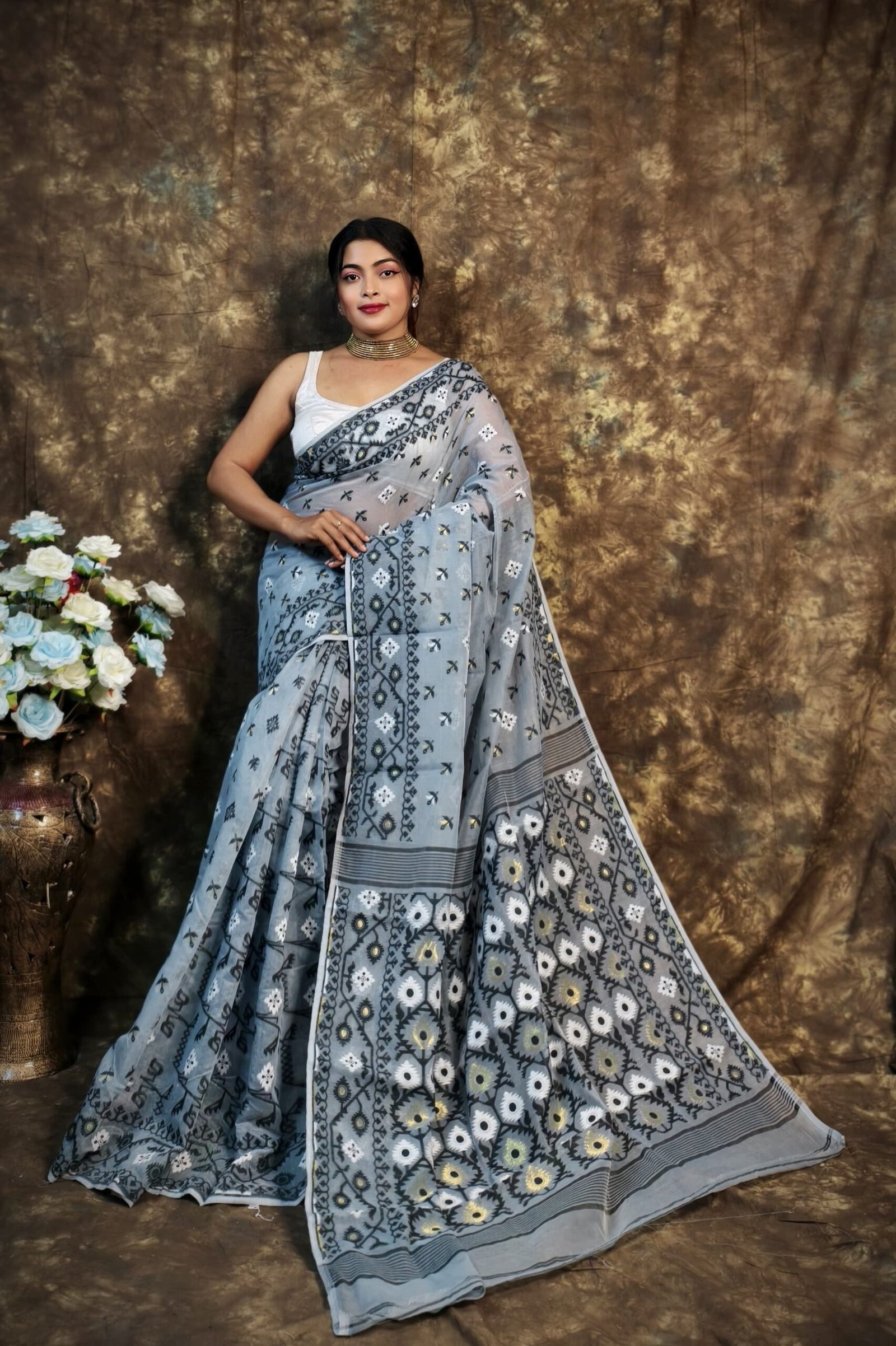 Shubhashini Allover Gray Soft Jamdani Saree
