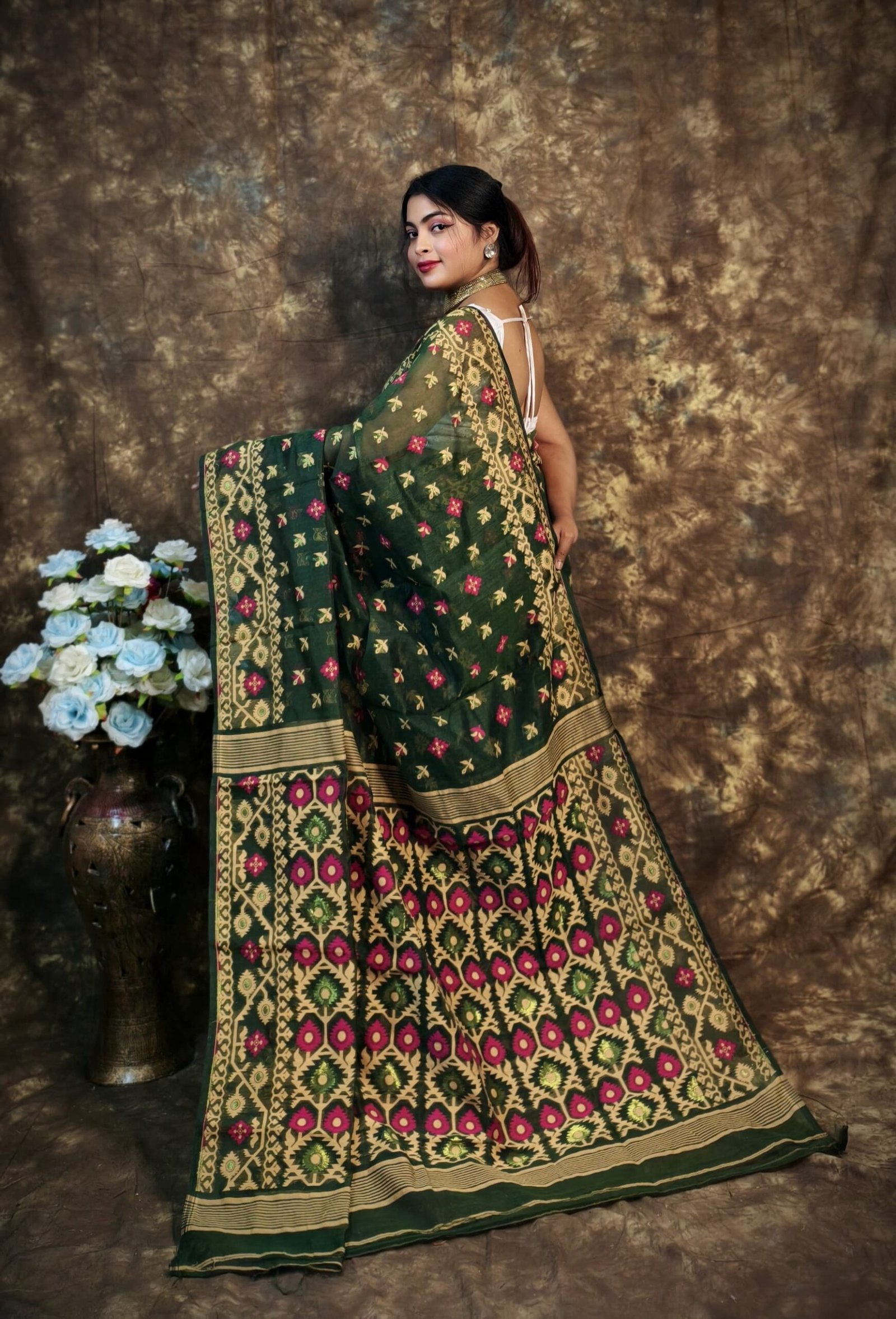 Shubhashini Allover Bottol Green Soft Jamdani Saree - Image 3