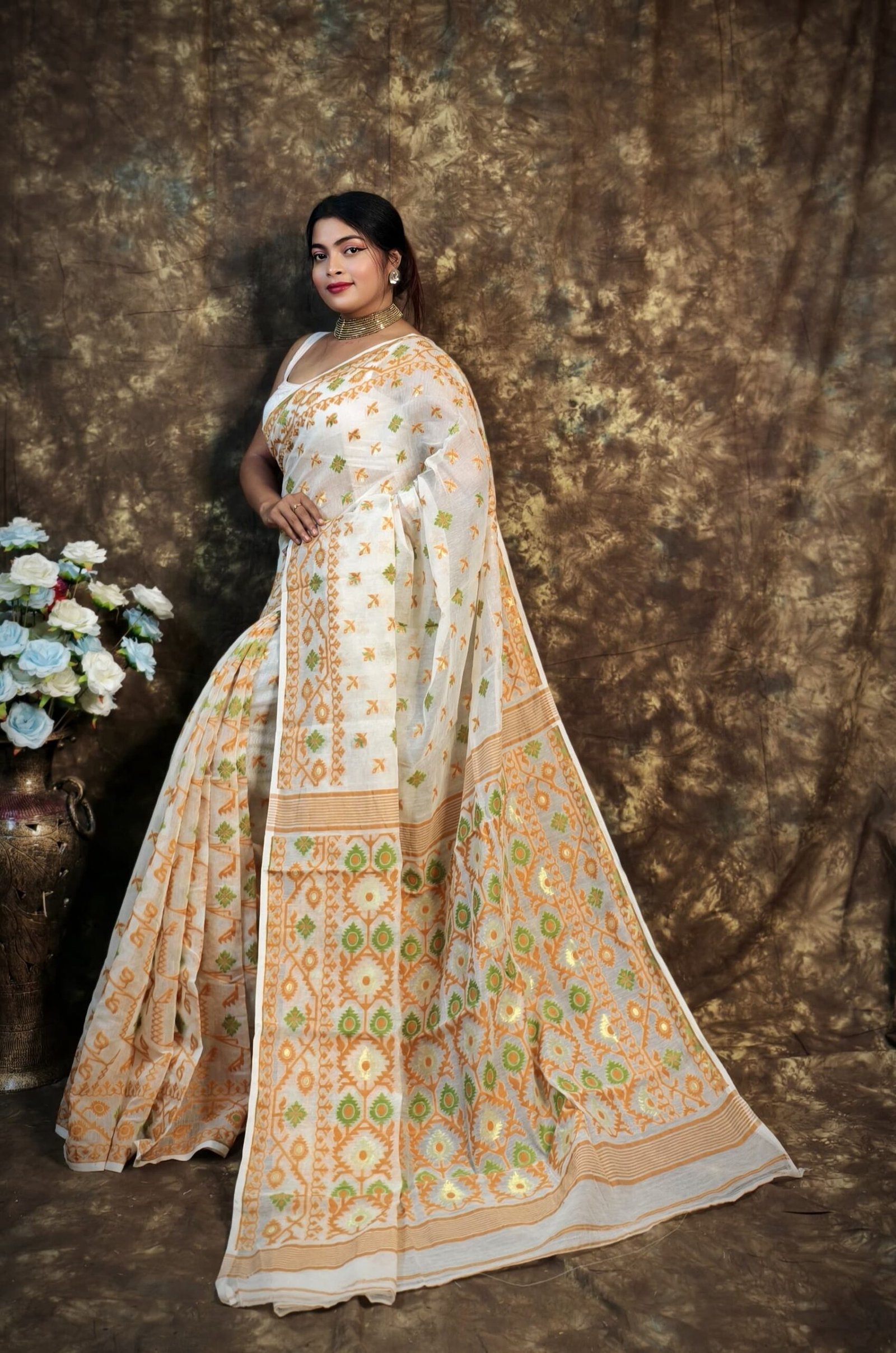 Shubhashini Allover Cream Baige Soft Jamdani Saree