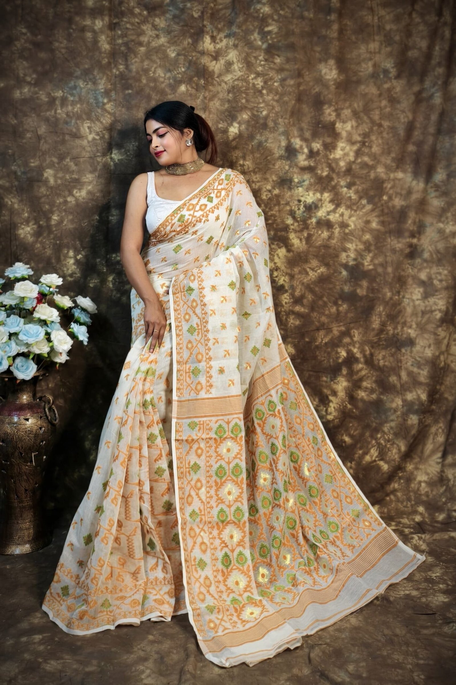 Shubhashini Allover Cream Baige Soft Jamdani Saree - Image 4