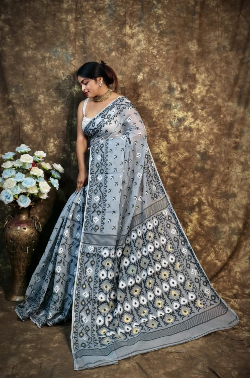 Shubhashini Allover Gray Soft Jamdani Saree - Image 4