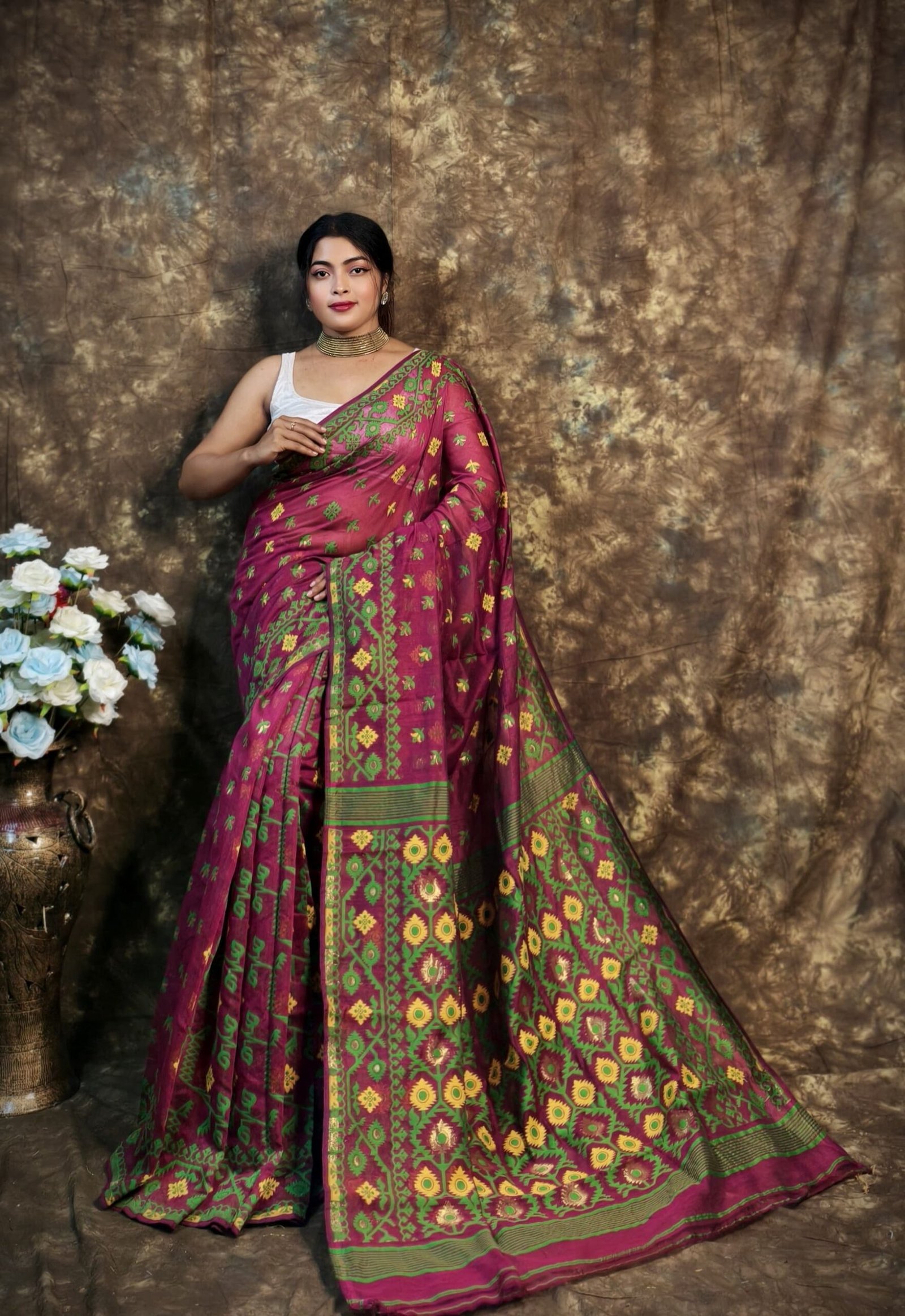 Shubhashini Allover Deep Wine Soft Jamdani Saree