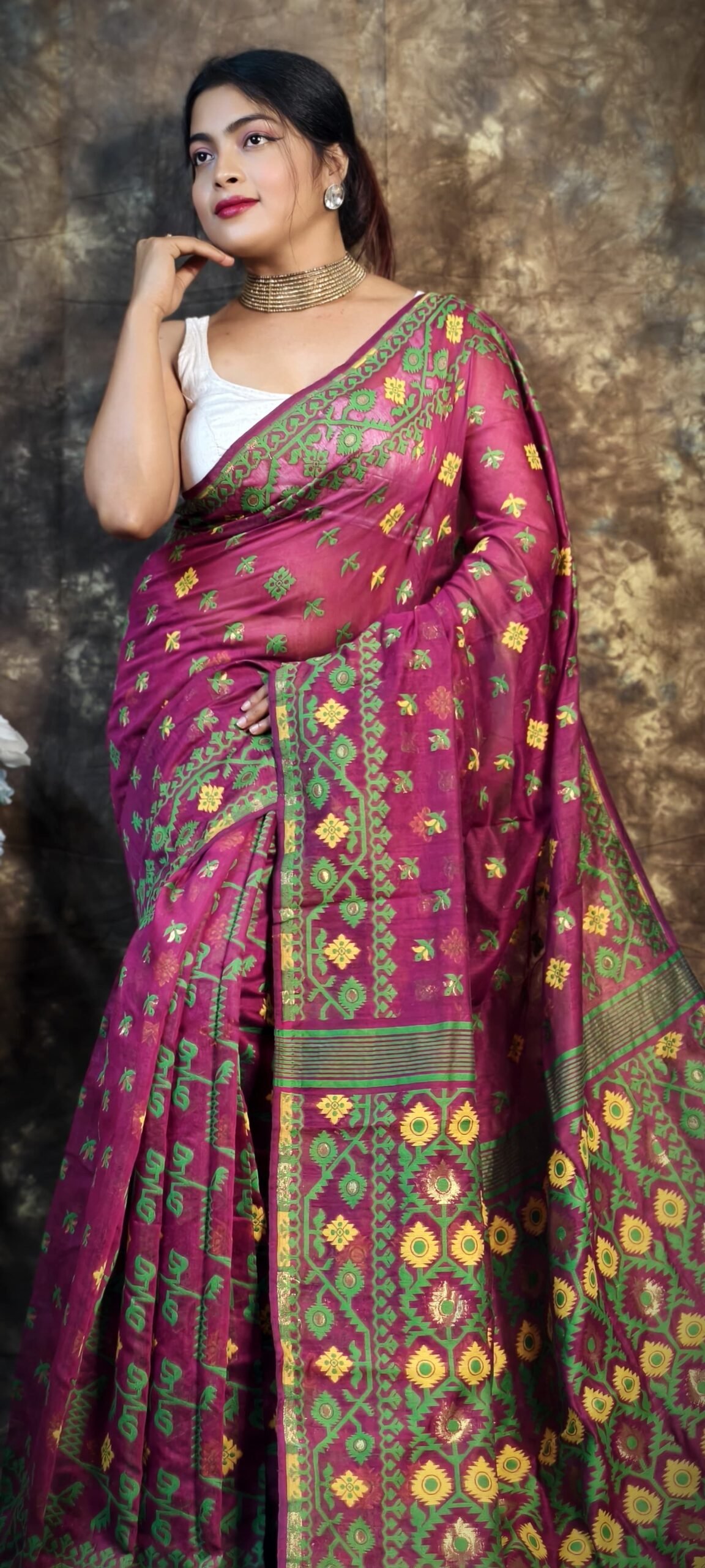 Shubhashini Allover Deep Wine Soft Jamdani Saree - Image 3