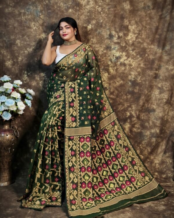 Shubhashini Allover Bottol Green Soft Jamdani Saree