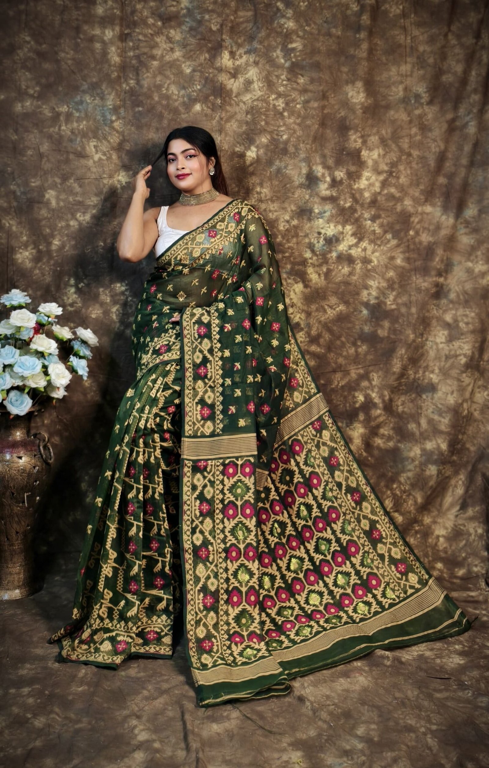 Shubhashini Allover Bottol Green Soft Jamdani Saree