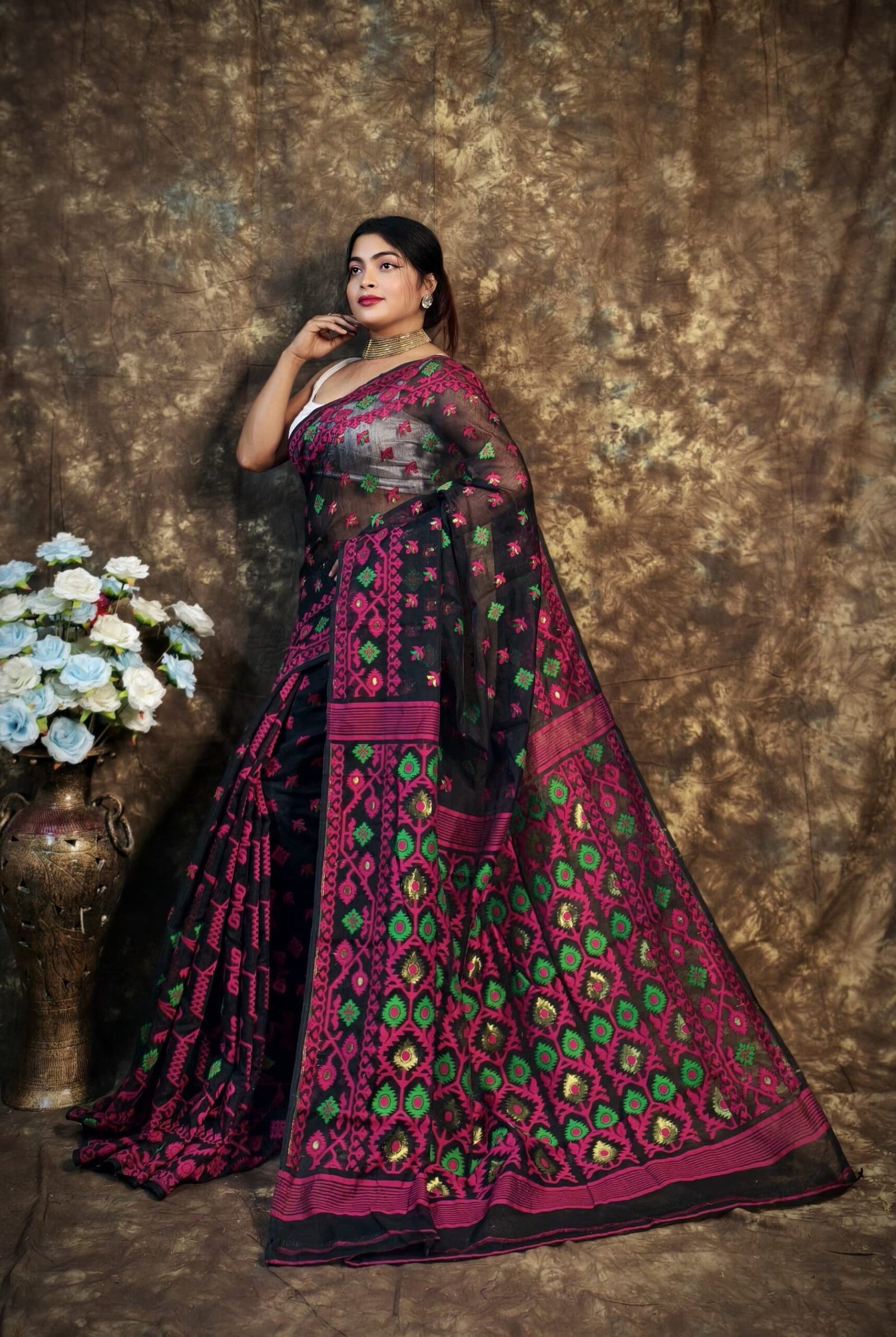 Shubhashini Allover Black Soft Jamdani Saree - Image 4