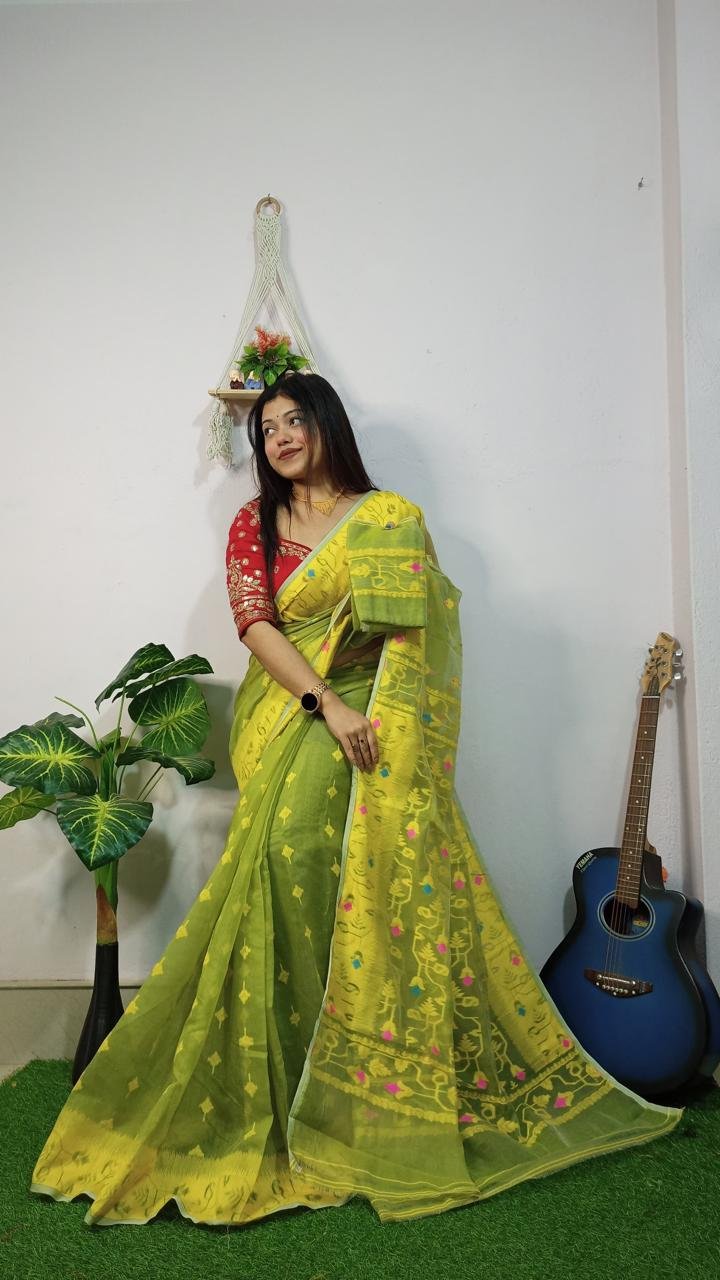 Pasta Soft New Jhumko Dhakai Jamdani Saree