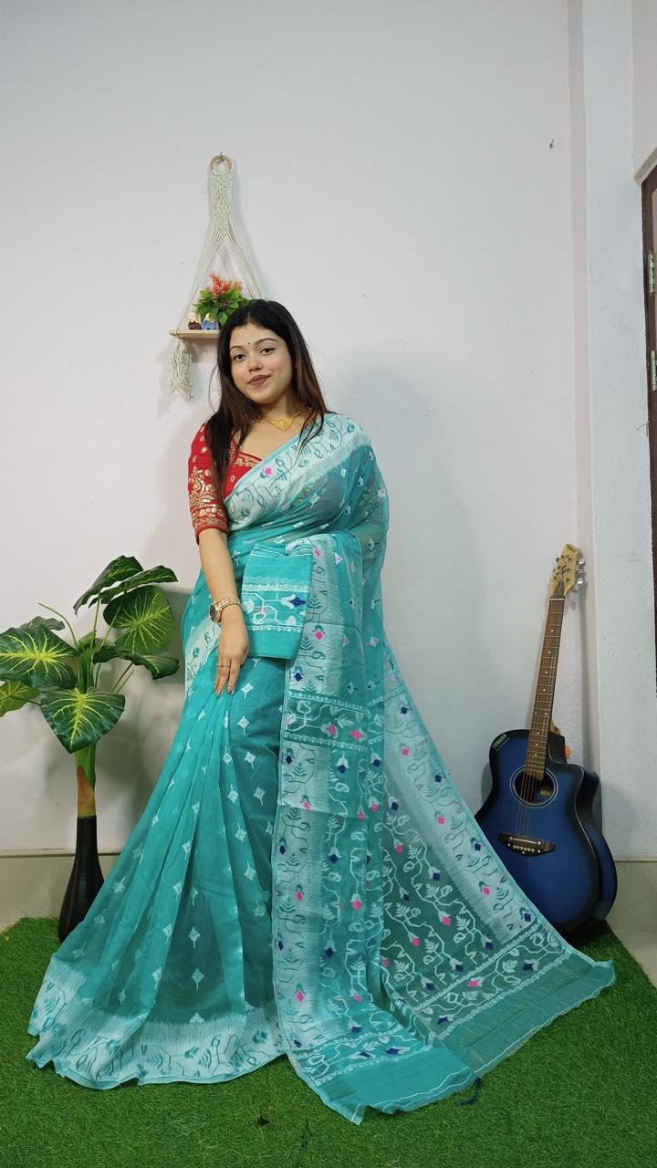 Turquoise Soft New Jhumko Dhakai Jamdani Saree