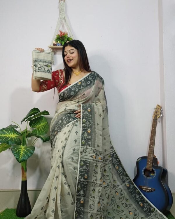 Dark Grey Soft New Jhumko Dhakai Jamdani Saree