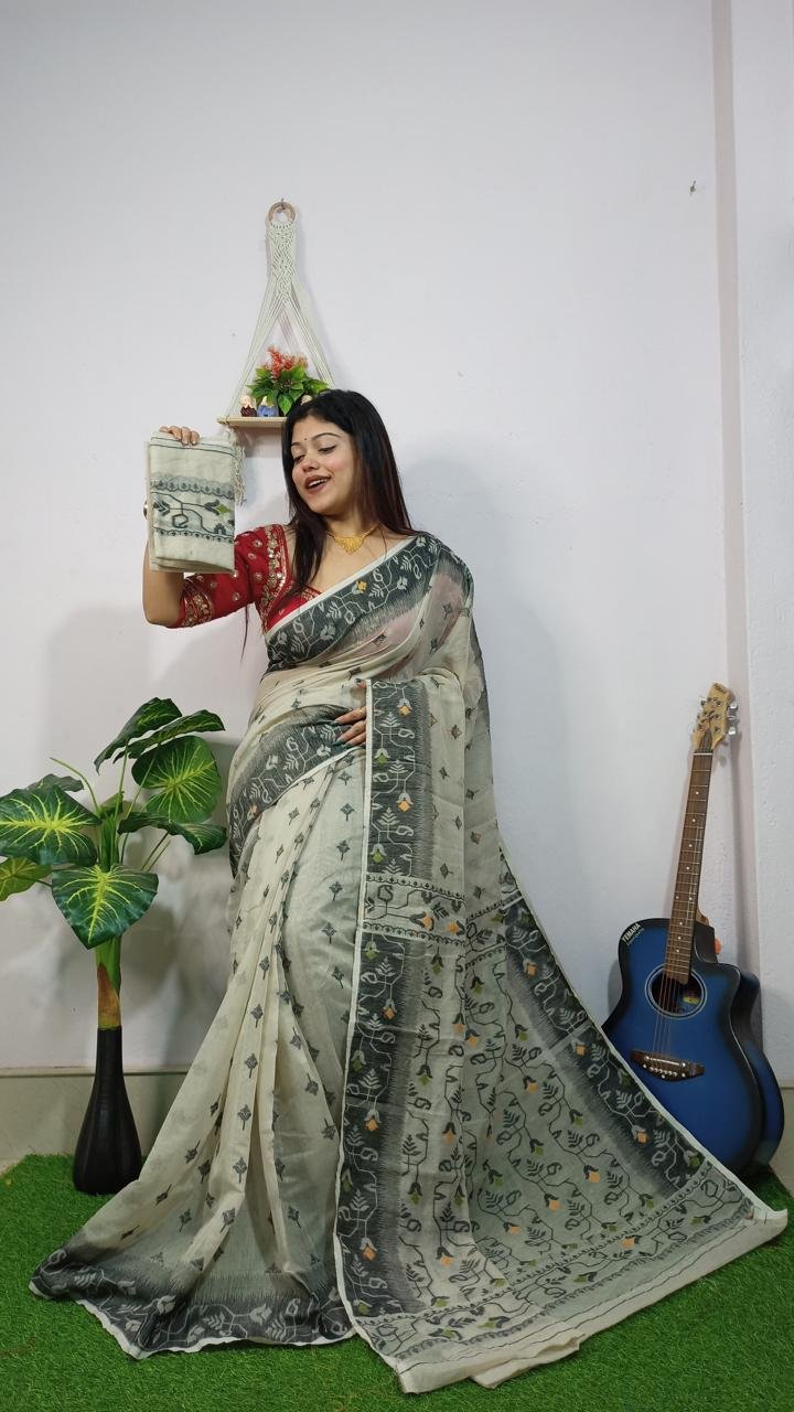 Dark Grey Soft New Jhumko Dhakai Jamdani Saree