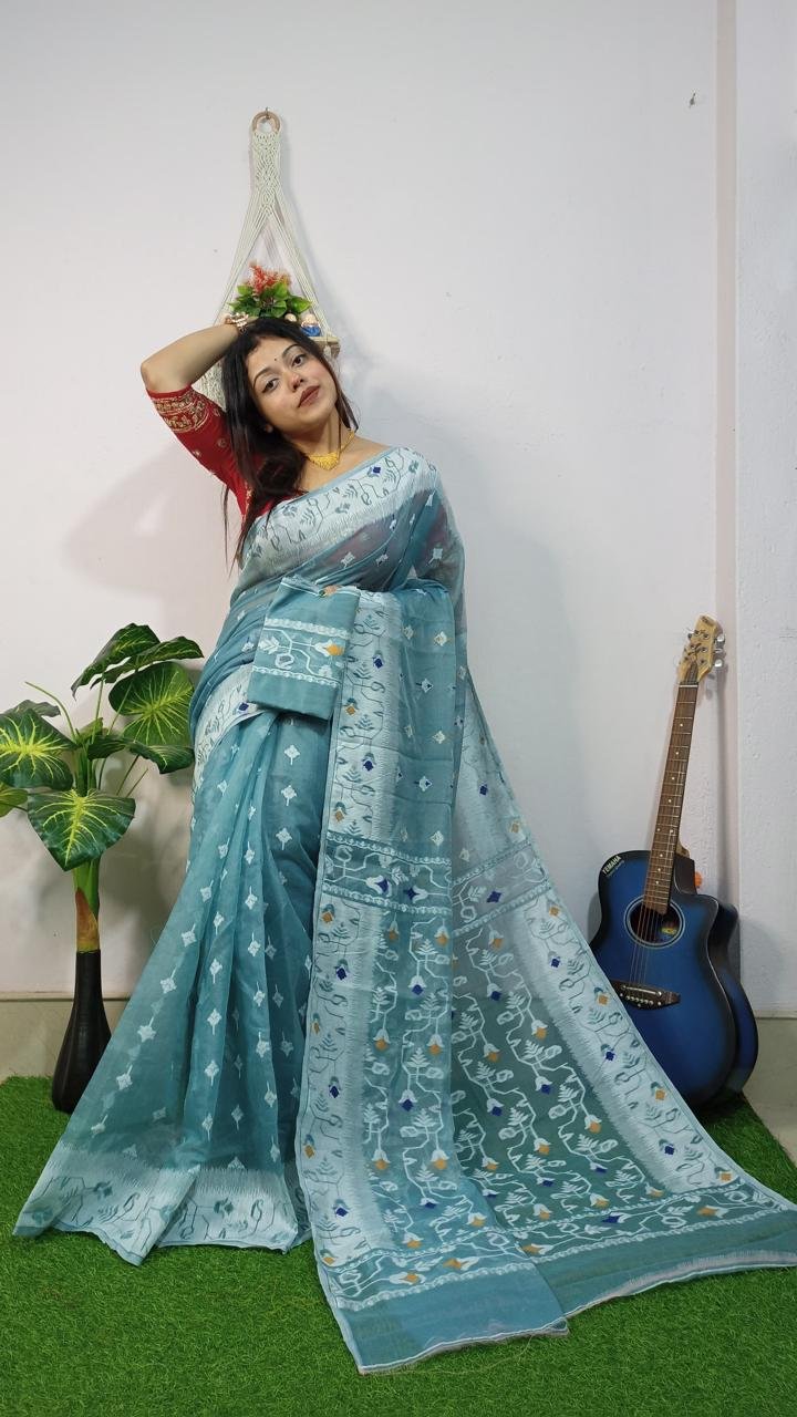 Mint Blue Soft New Jhumko Dhakai Jamdani Saree
