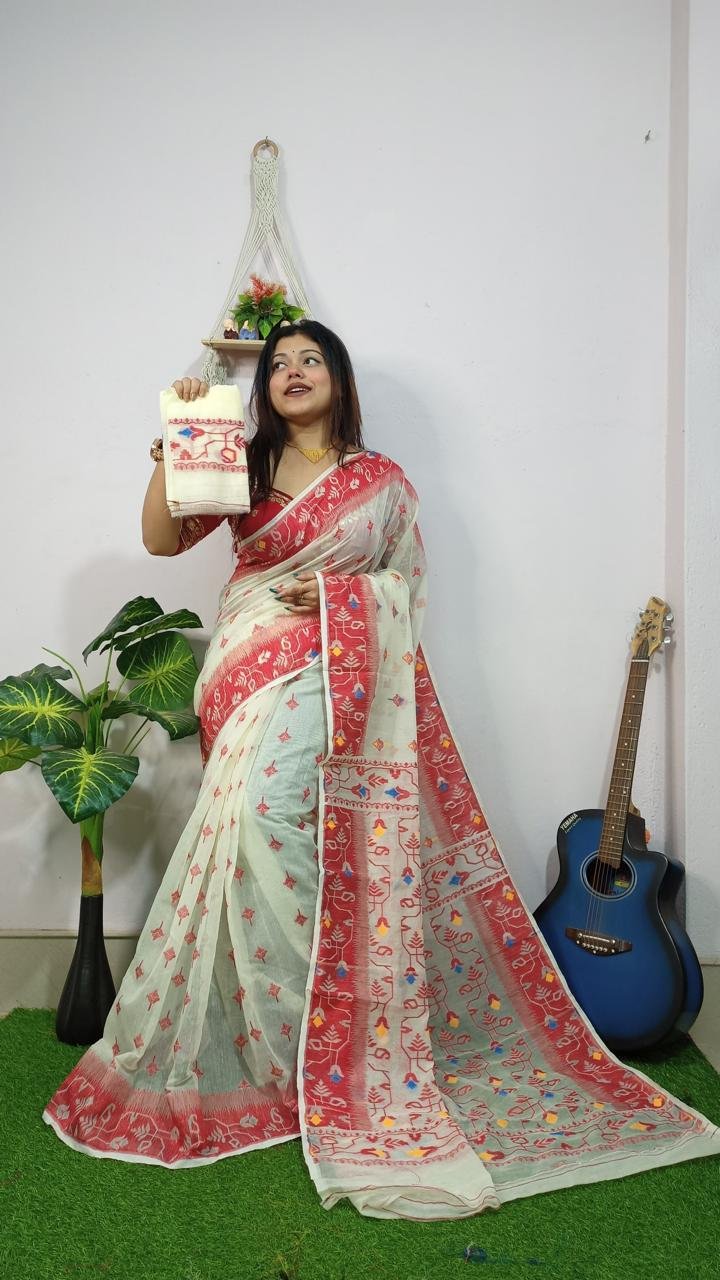 Cream Red Soft New Jhumko Dhakai Jamdani Saree