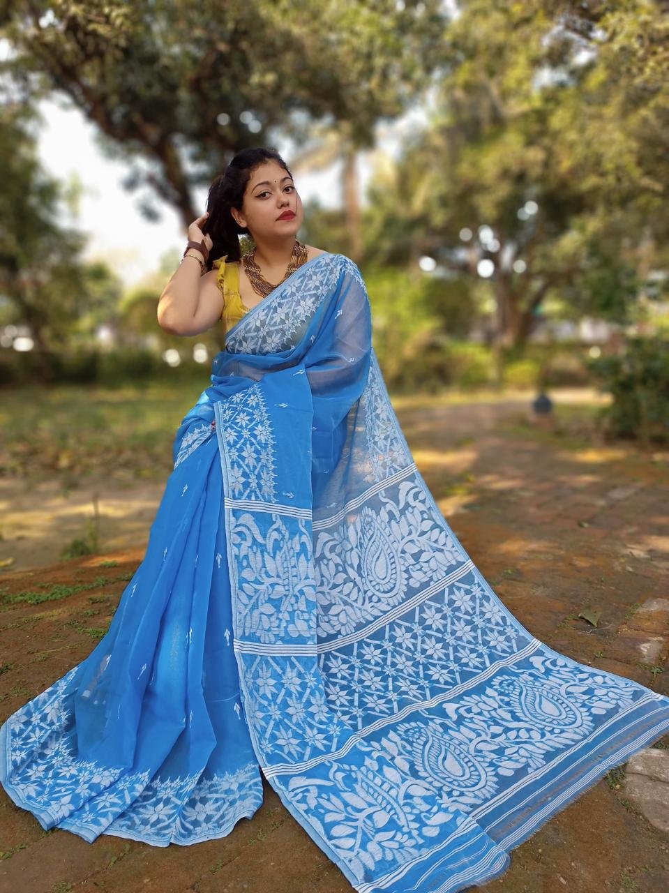 Sky Blue Soft Allpona Dhakai Jamdani Saree