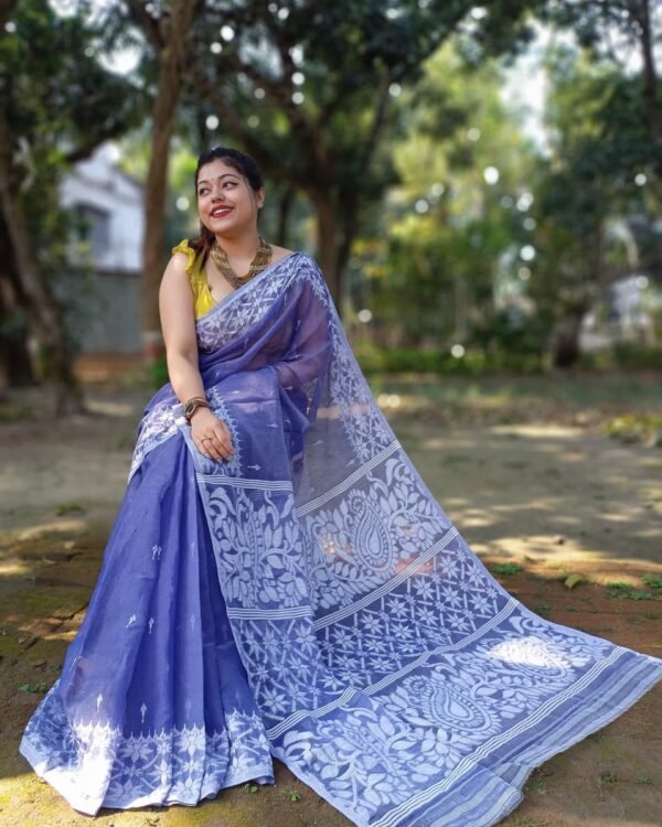 Blue Soft Allpona Dhakai Jamdani Saree