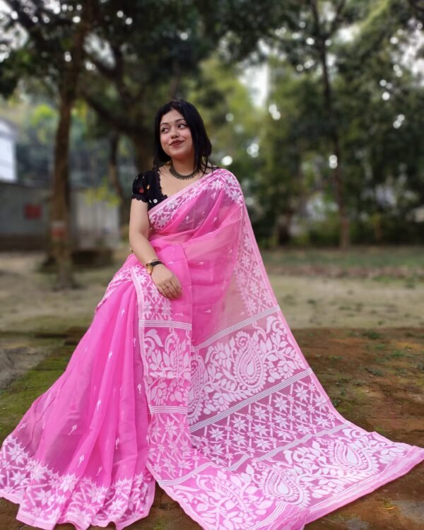 Pink Soft Allpona Dhakai Jamdani Saree