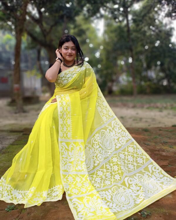 Lemmon Yellow Soft Allpona Dhakai Jamdani Saree