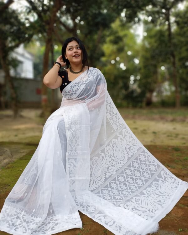 White Soft Allpona Dhakai Jamdani Saree