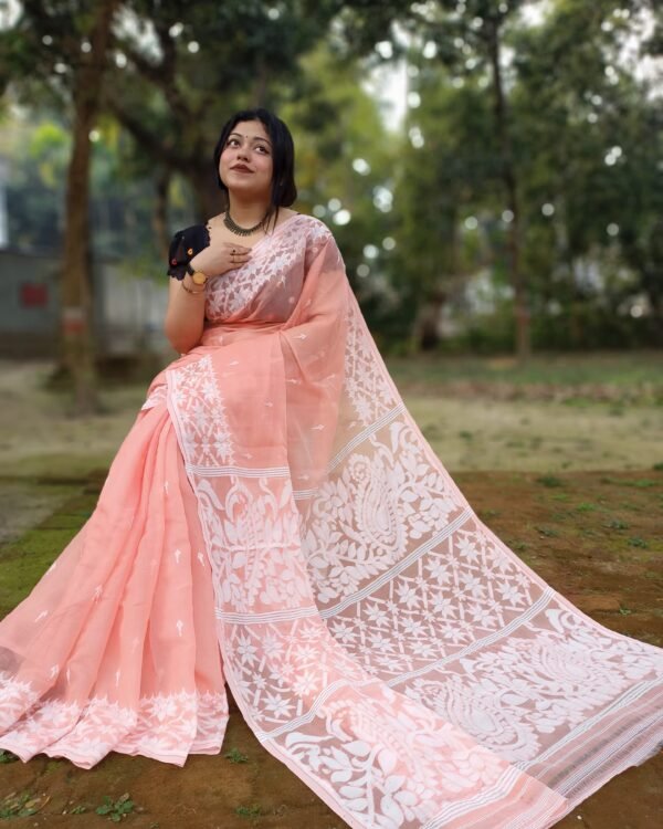 Peach Soft Allpona Dhakai Jamdani Saree