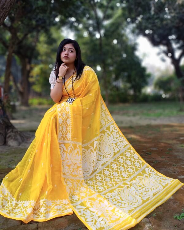 Deep Yellow Soft Allpona Dhakai Jamdani Saree