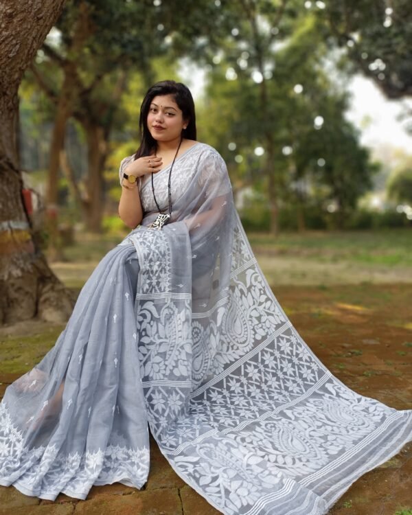 Grey Soft Allpona Dhakai Jamdani Saree