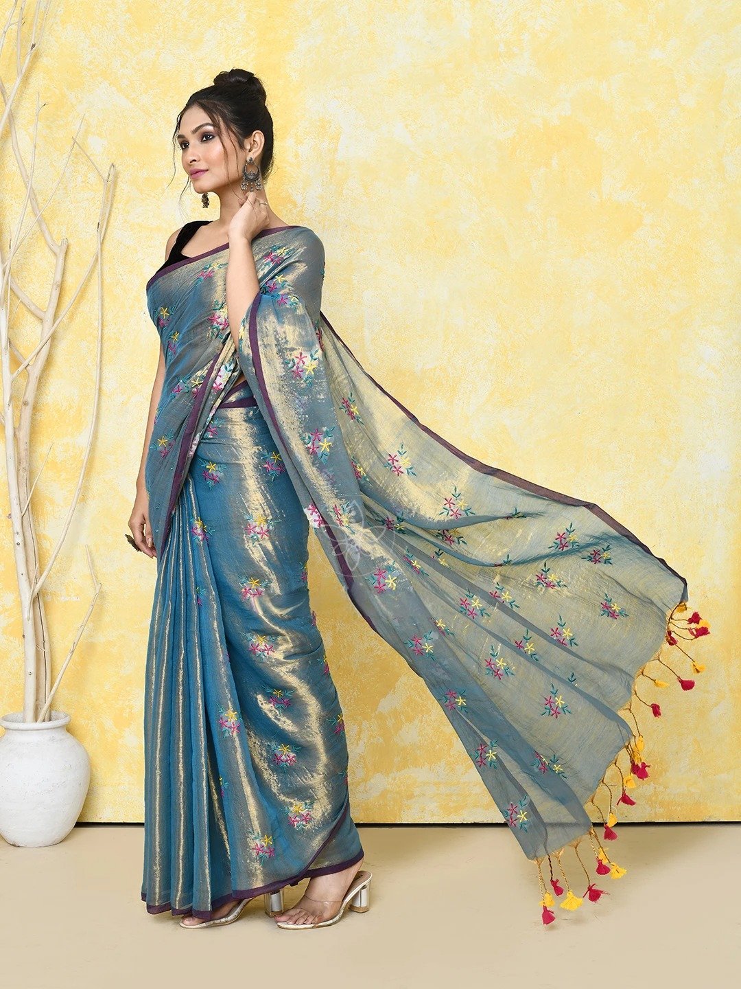 Dark Navy Blue Cotton Tissue Saree on Embroidery Work - Image 4