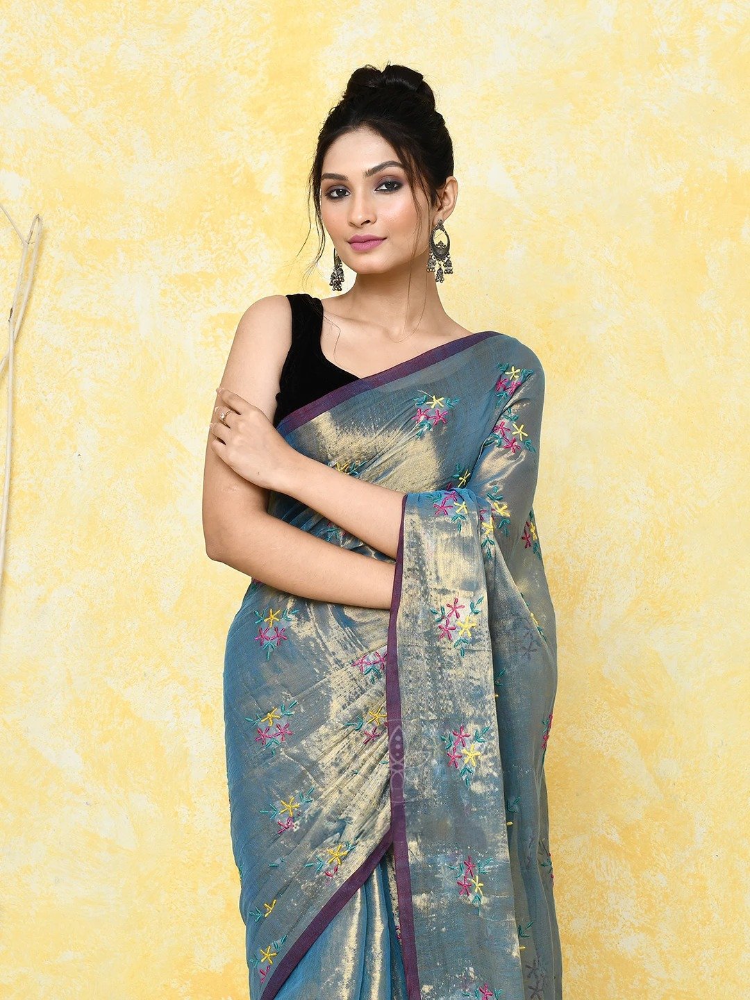 Dark Navy Blue Cotton Tissue Saree on Embroidery Work - Image 3