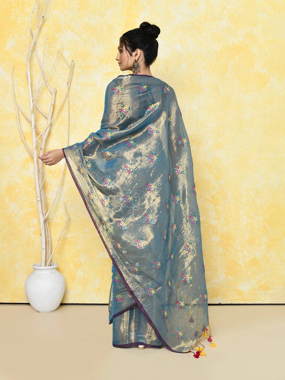 Dark Navy Blue Cotton Tissue Saree on Embroidery Work - Image 2