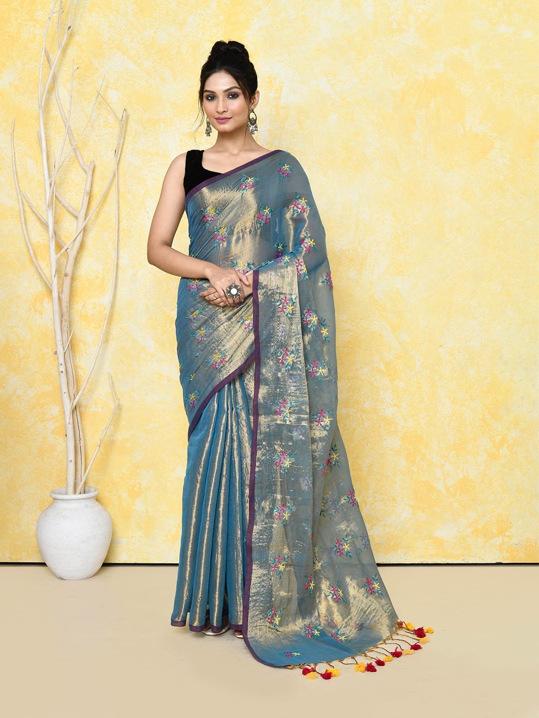 Dark Navy Blue Cotton Tissue Saree on Embroidery Work