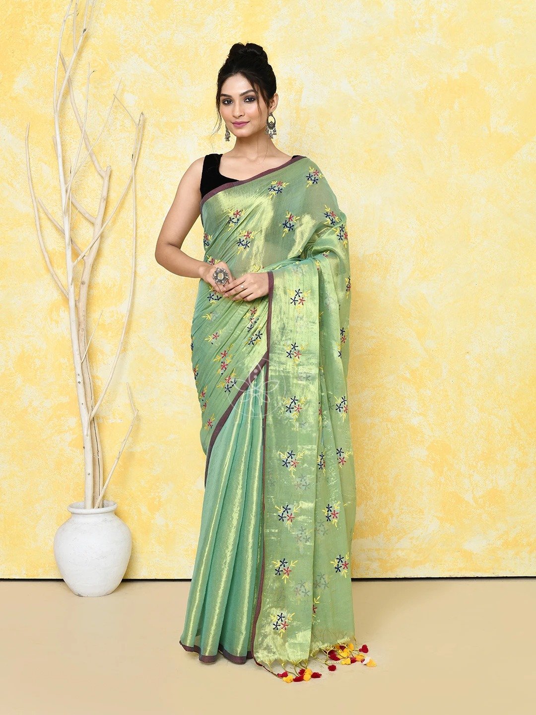 Olive Green Cotton Tissue Saree on Embroidery Work