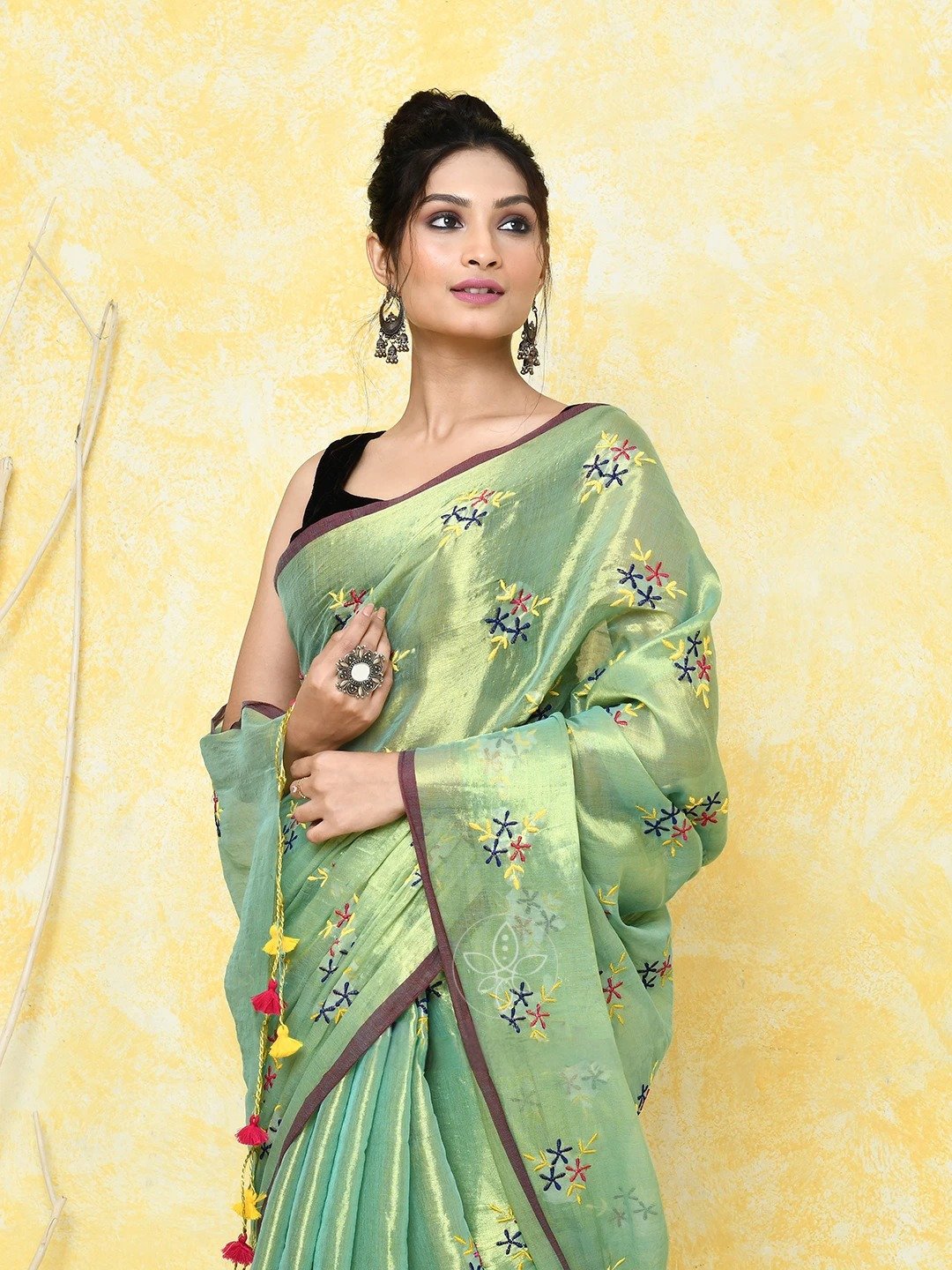 Olive Green Cotton Tissue Saree on Embroidery Work - Image 2