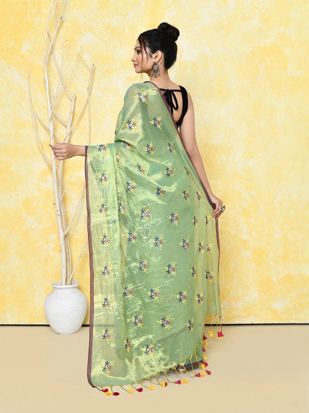 Olive Green Cotton Tissue Saree on Embroidery Work - Image 3