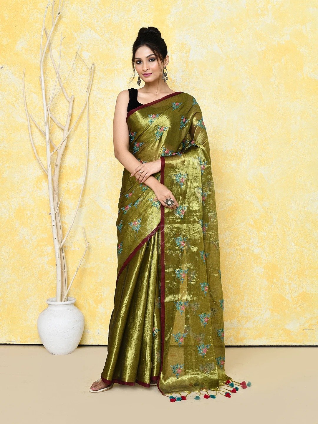 Pasta Cotton Tissue Saree on Embroidery Work
