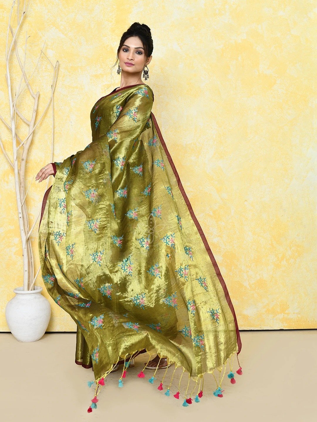 Pasta Cotton Tissue Saree on Embroidery Work - Image 2