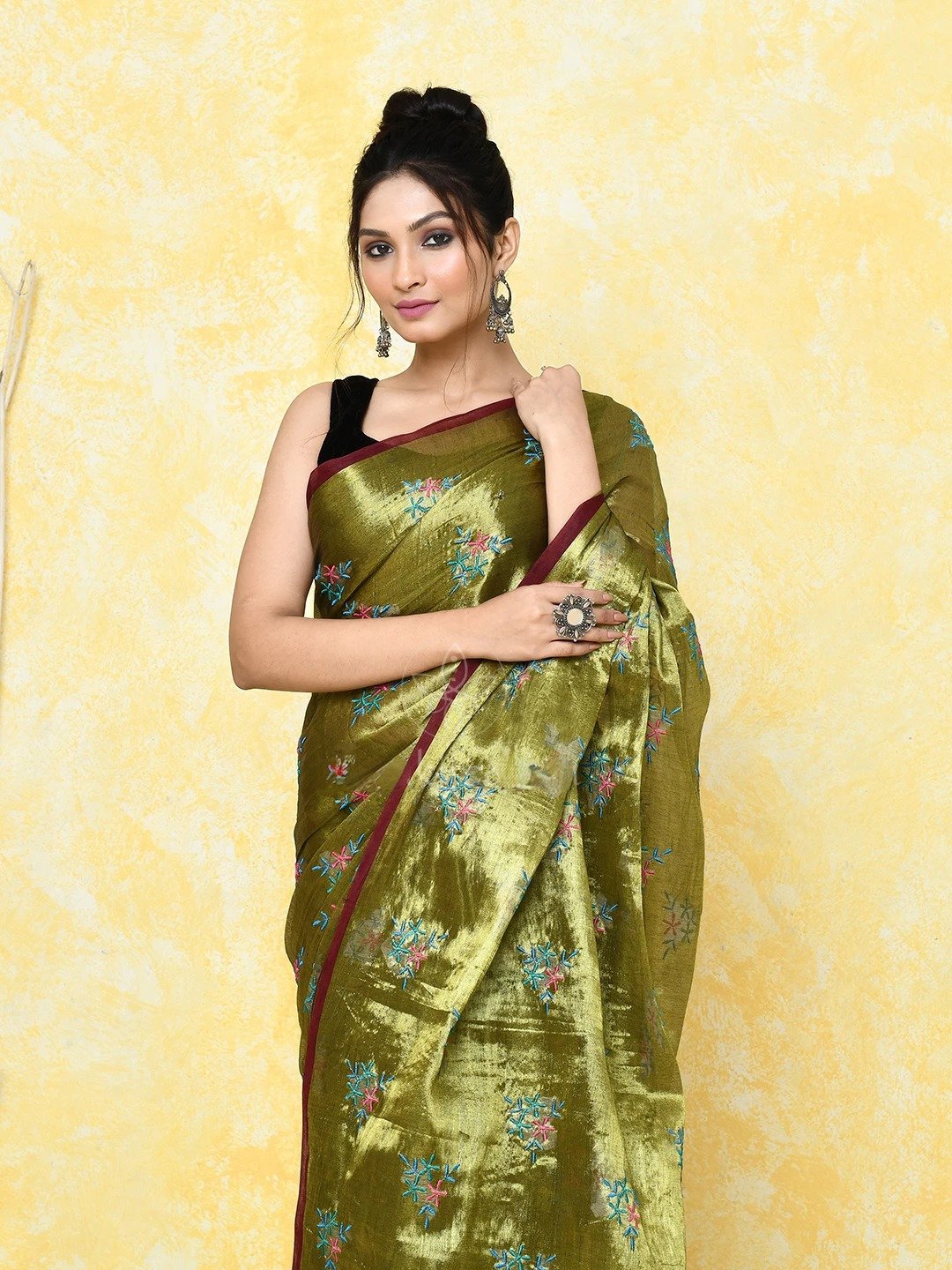 Pasta Cotton Tissue Saree on Embroidery Work - Image 4