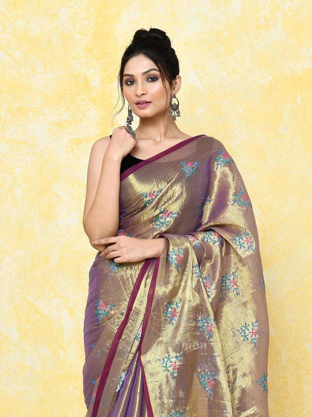 Golden Cotton Tissue Saree on Embroidery Work - Image 3