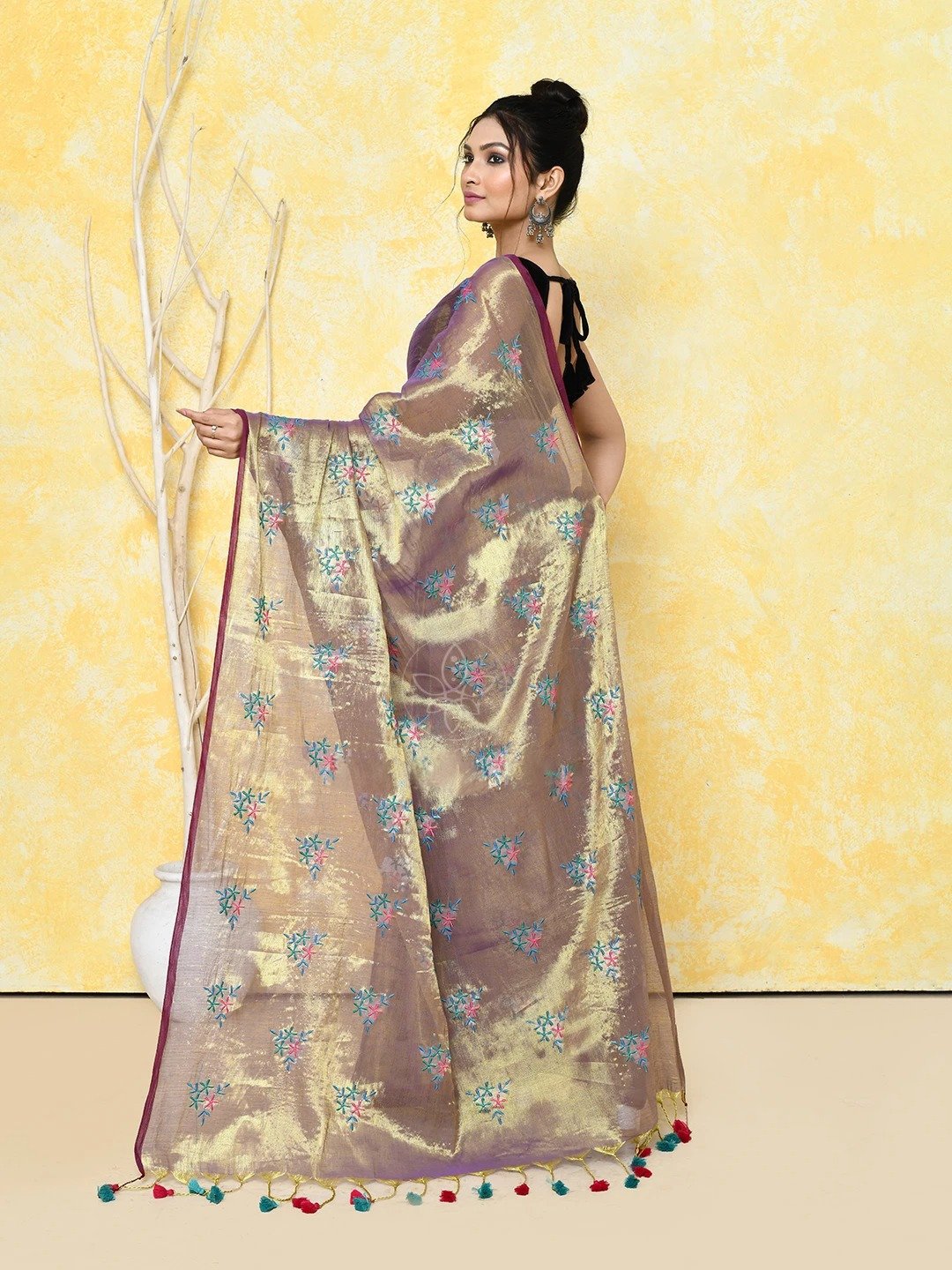 Golden Cotton Tissue Saree on Embroidery Work - Image 2
