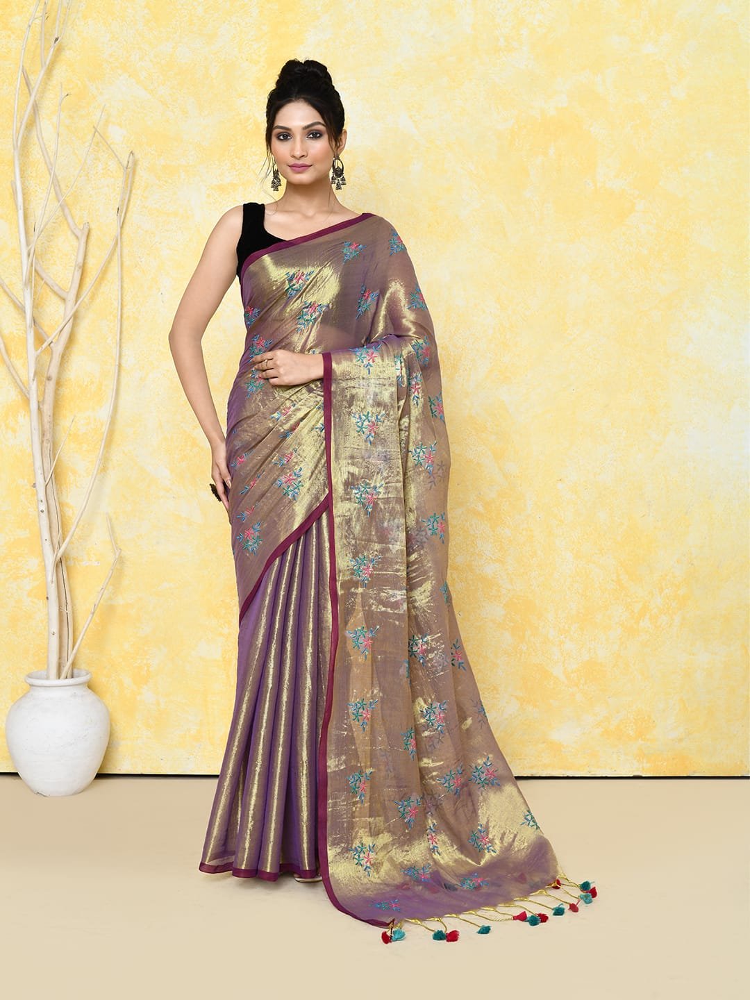 Golden Cotton Tissue Saree on Embroidery Work