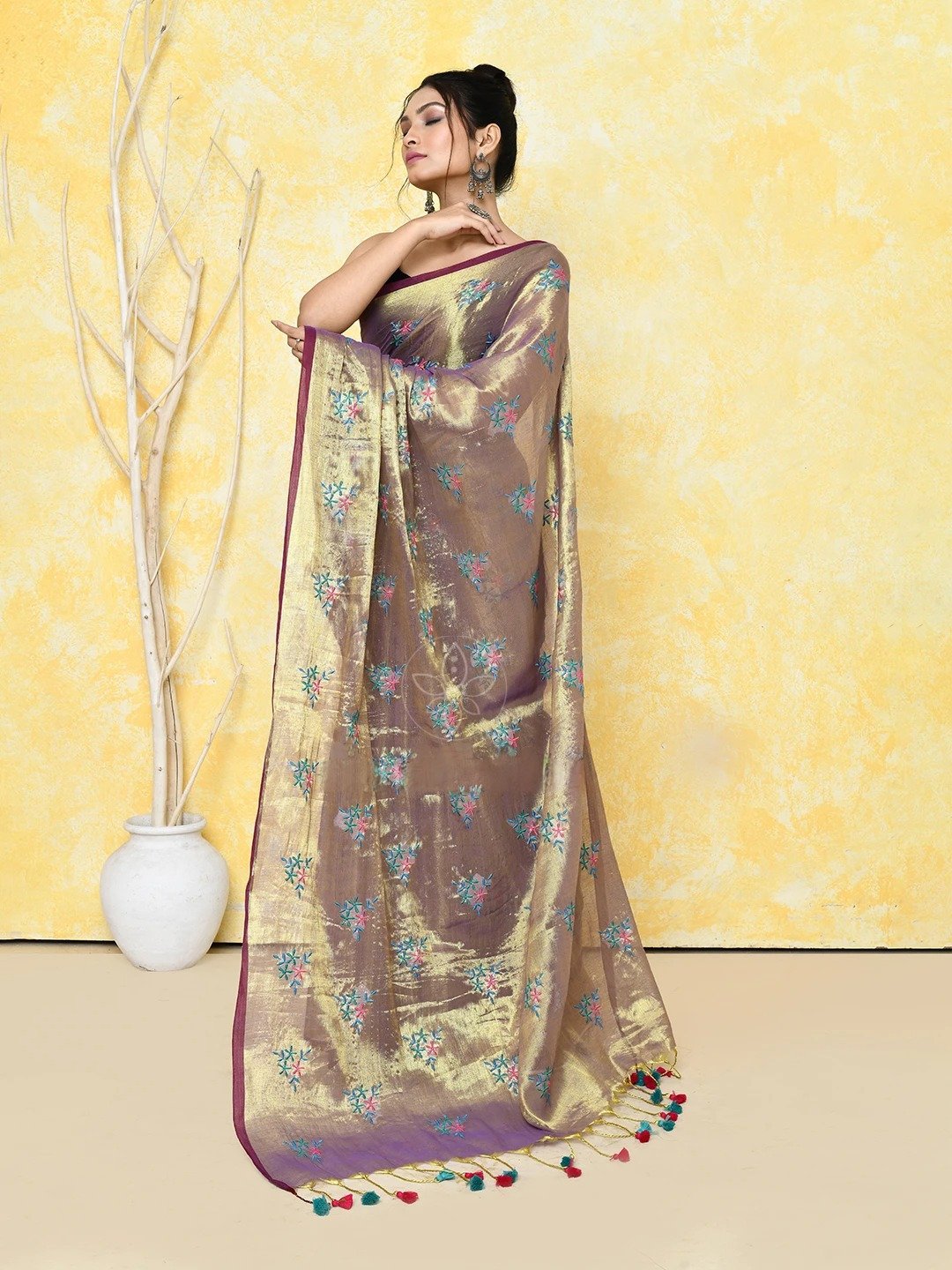 Golden Cotton Tissue Saree on Embroidery Work - Image 4