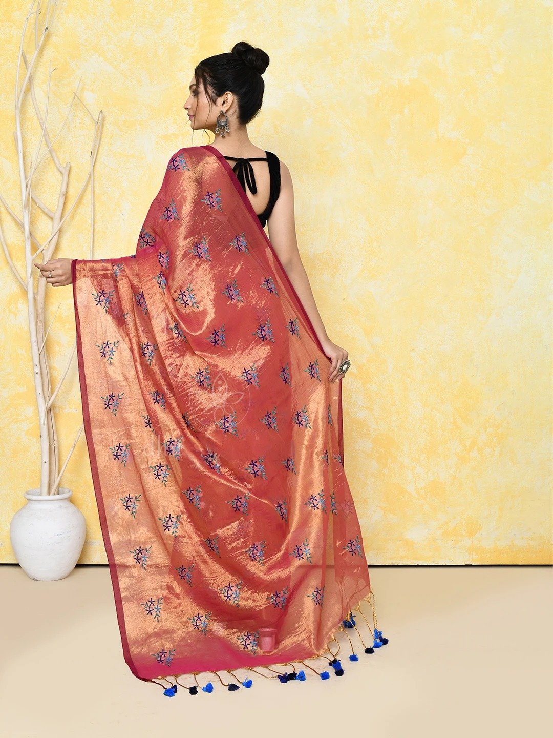 Rust Cotton Tissue Saree on Embroidery Work - Image 4