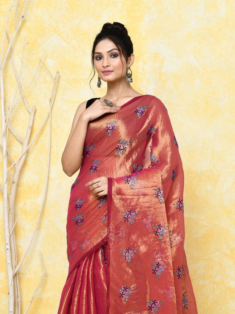Rust Cotton Tissue Saree on Embroidery Work - Image 3
