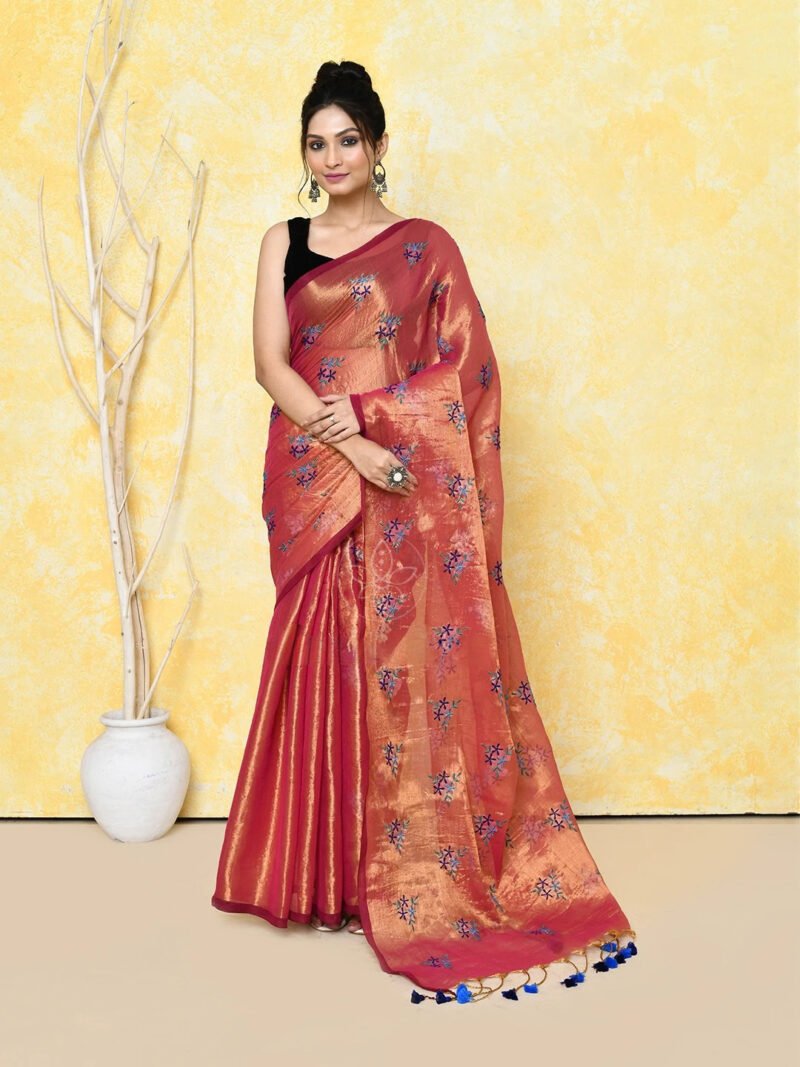Rust Cotton Tissue Saree on Embroidery Work