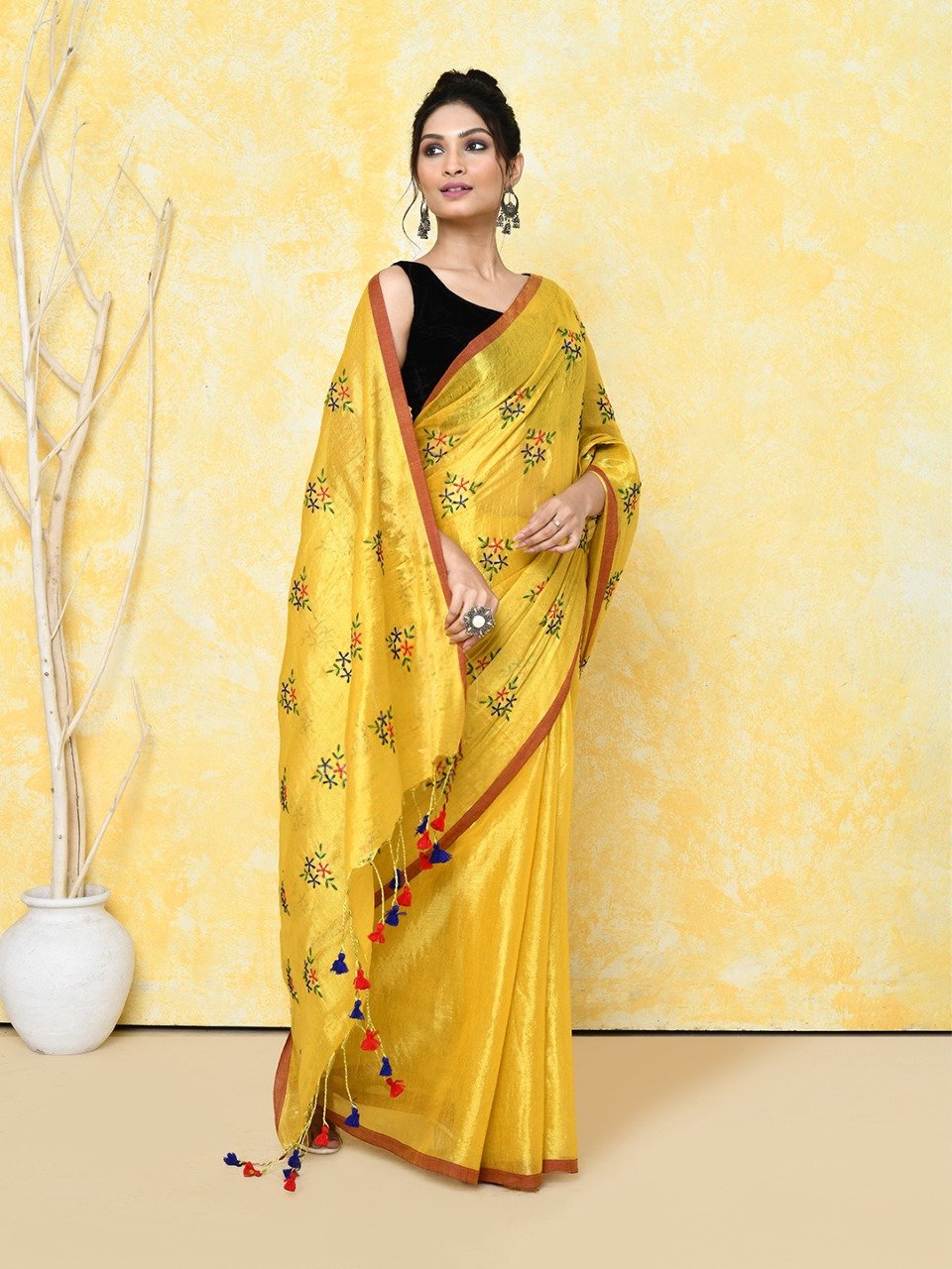 Yellow Cotton Tissue Saree on Embroidery Work - Image 5
