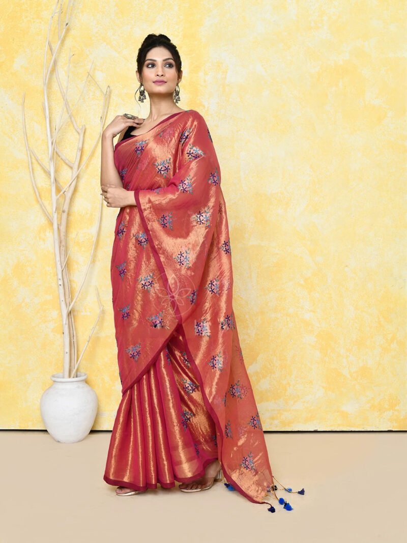Rust Cotton Tissue Saree on Embroidery Work - Image 2
