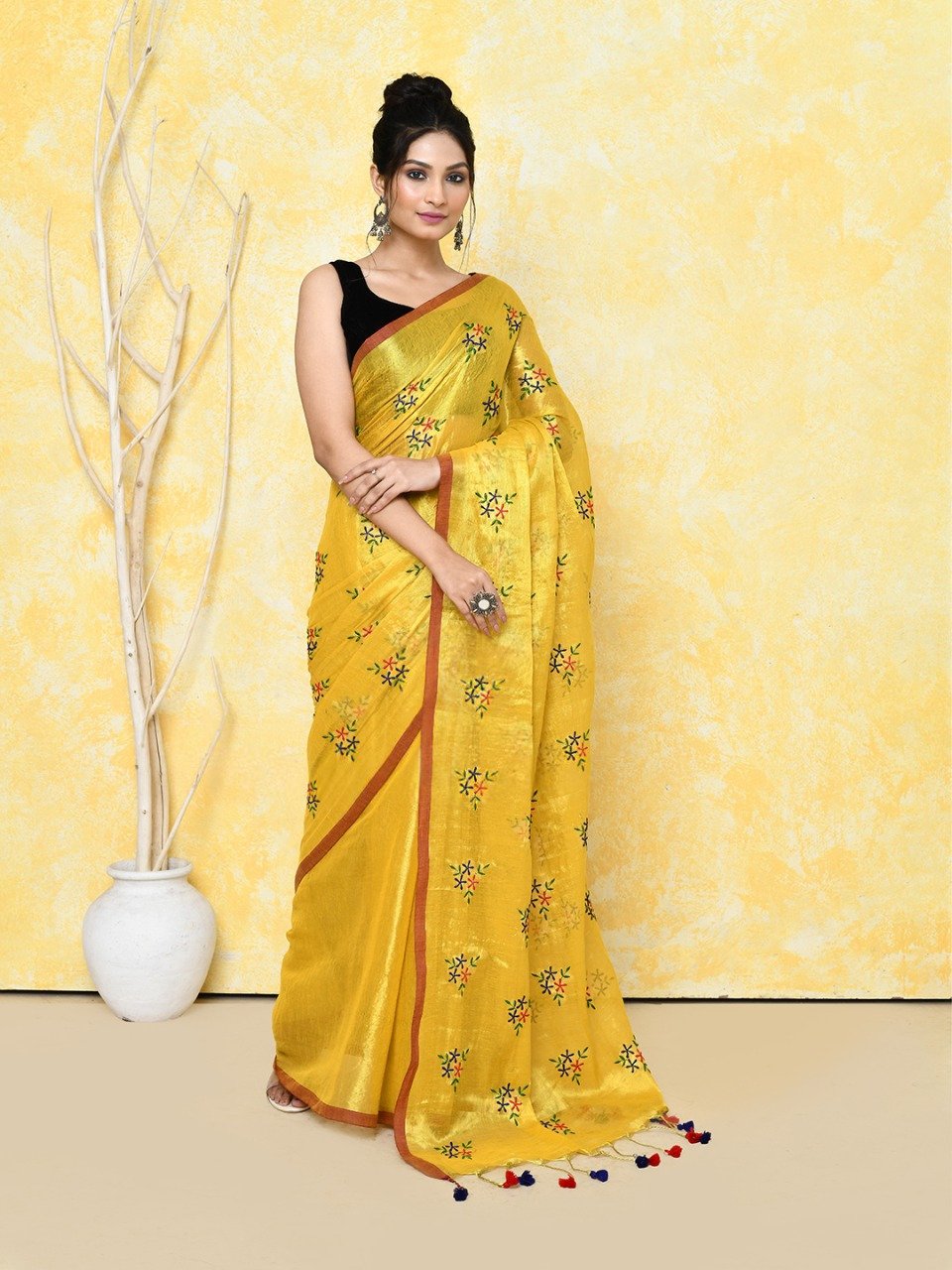 Yellow Cotton Tissue Saree on Embroidery Work