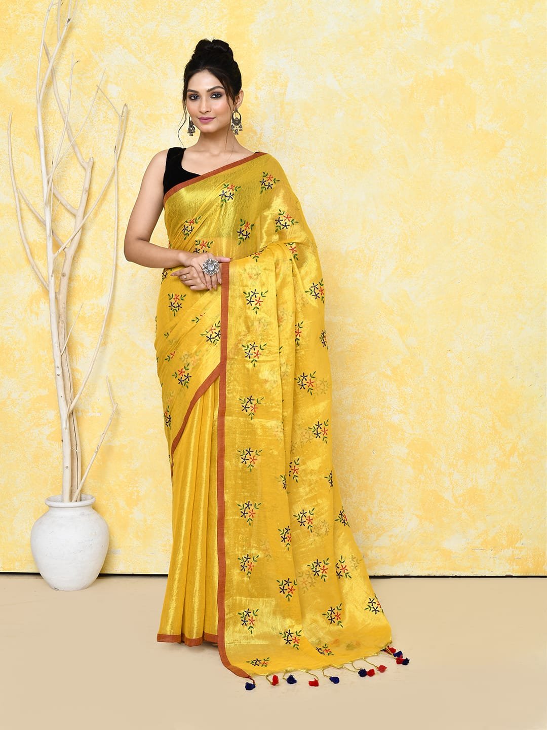 Yellow Cotton Tissue Saree on Embroidery Work - Image 2