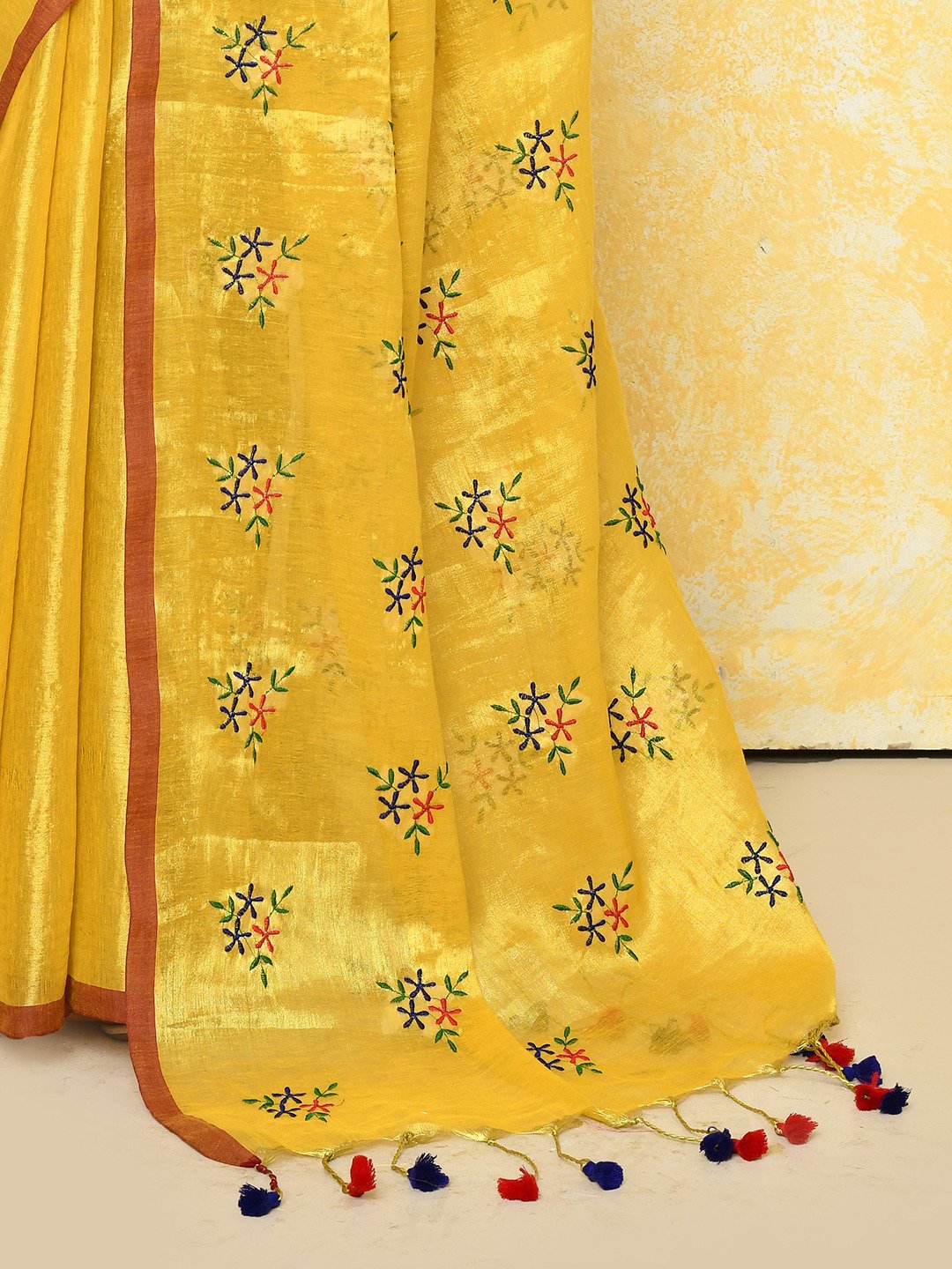 Yellow Cotton Tissue Saree on Embroidery Work - Image 3