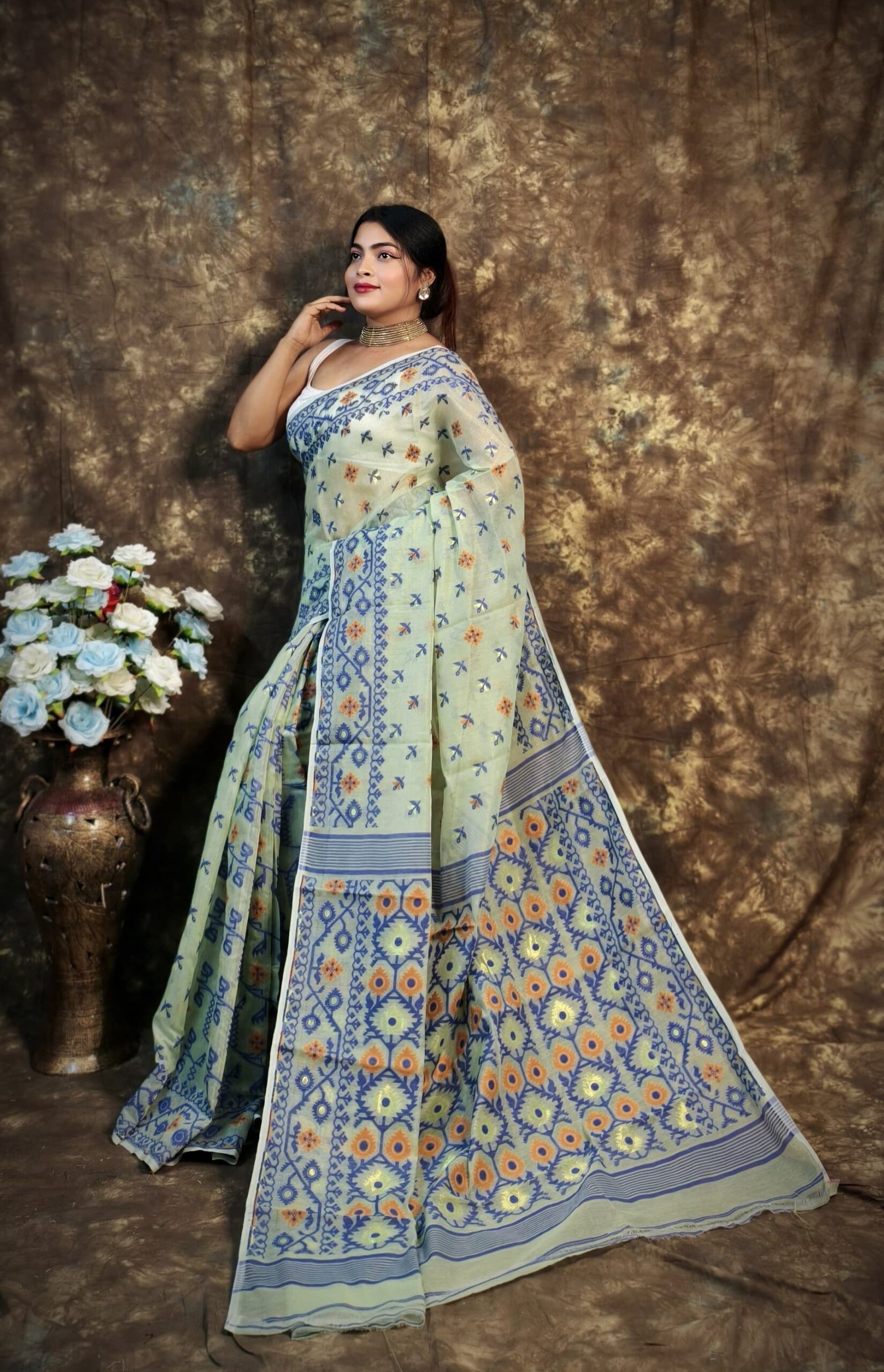 Shubhashini Allover Olive Soft Jamdani Saree - Image 3