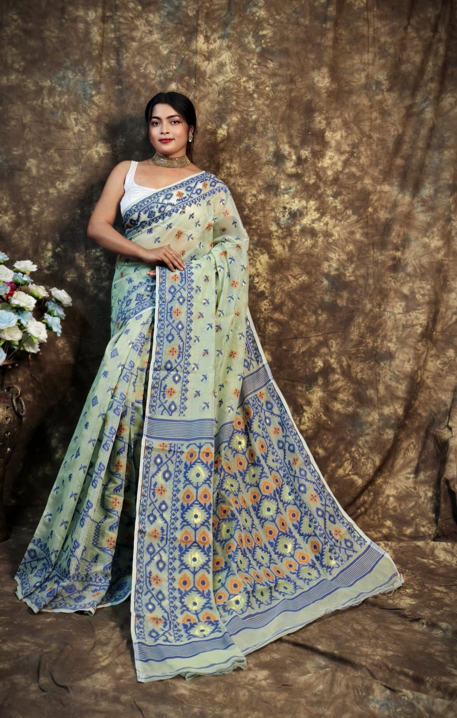 Shubhashini Allover Olive Soft Jamdani Saree