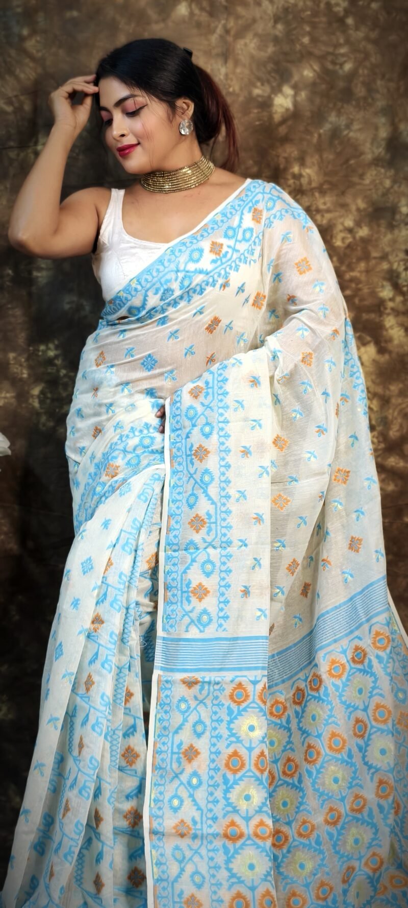 Shubhashini Allover Cream Blue Soft Jamdani Saree - Image 3